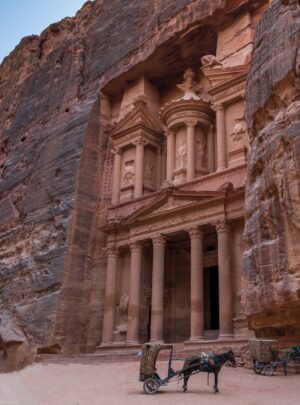 horse with trailer in front of petra